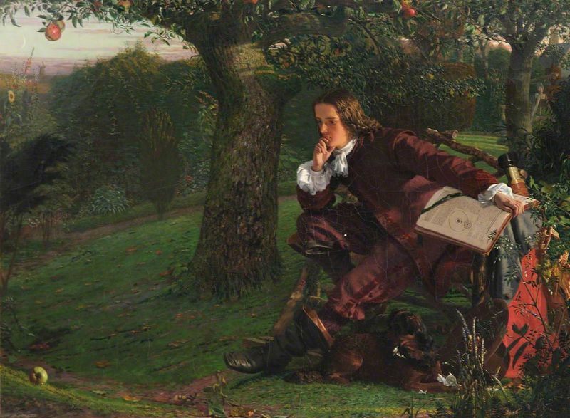 Datei:Meister Isaac Newton in seinem Garten in Woolsthorpe im Herbst 1665.jpg
